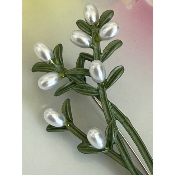 Vintage 60's Green Enamel Faux Pearl Spray Brooch Pin - Picture 7 of 9